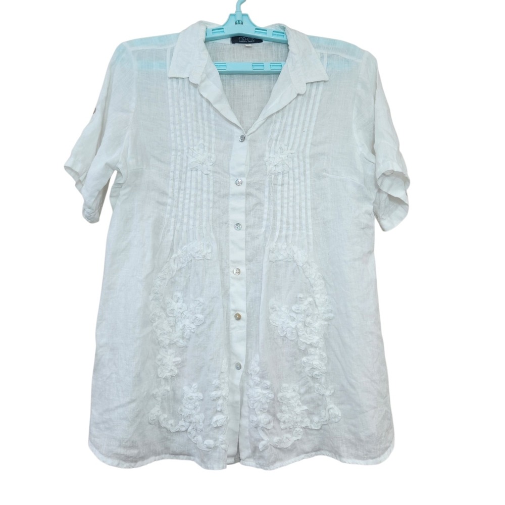 Etichetta Size Small White Linen Top Pintuck Embroidered Floral Abalone Italy